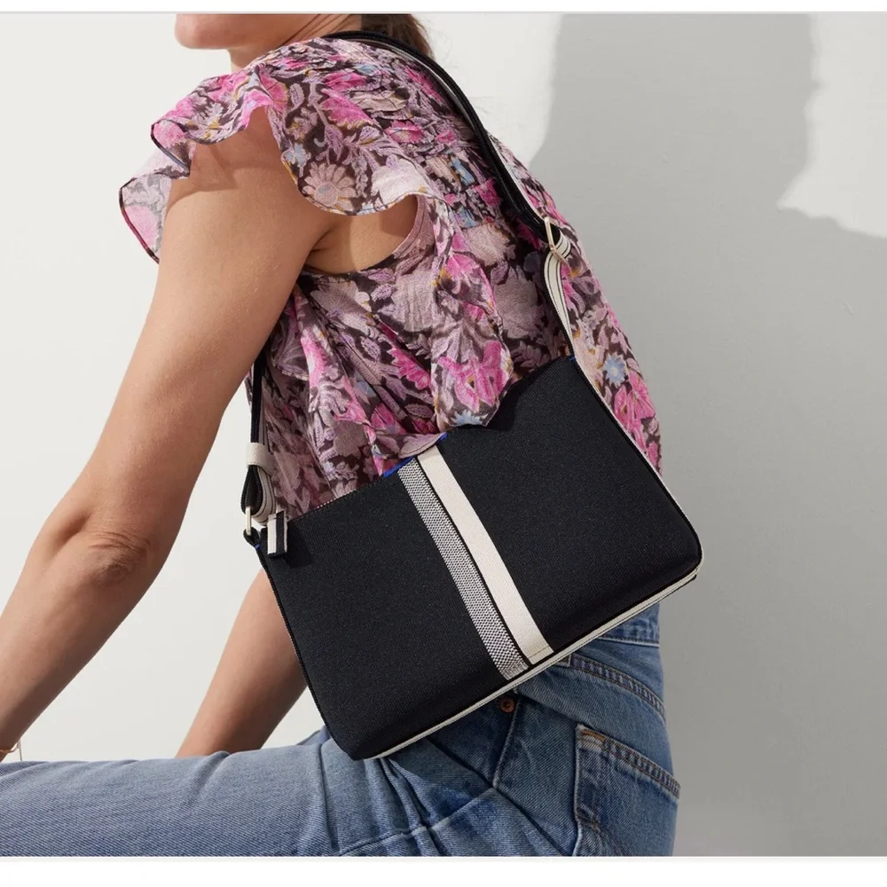 🆕 Rothy's Black Ivory Stripe Crossbody Bag Purse Shoulder Bag Sleek Pocket Zip